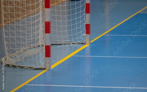 Handballtor und Hallenboden in einer Sporthalle mit diversen Linien