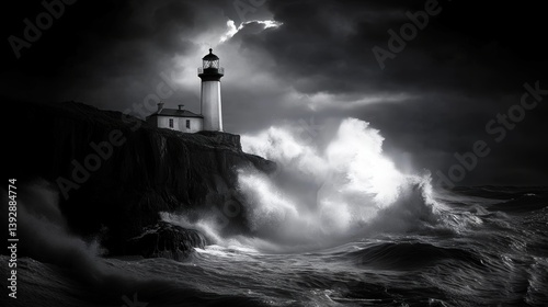 Obraz na płótnie A lighthouse with giant sea tide wave in a hurricane storm. w salonie