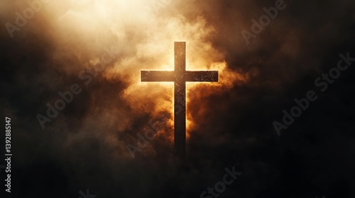 Christian cross against dark sky background religion symbol of faith hope and salvation light