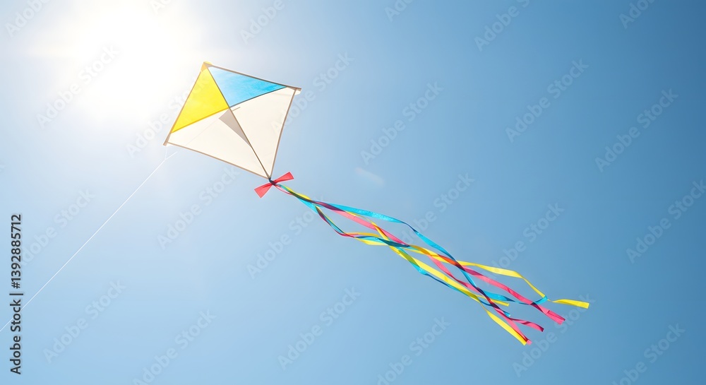 A colorful kite with ribbons flying high in a clear blue sky on a bright sunny day with light sun glare A colorful kite with ribbons flying high in a clear blue sky on a bright sunny day with light sun glare