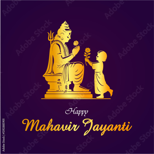 Happy Mahavir Jayanti Celebration with Child Offering Flowers to Lord Mahavir