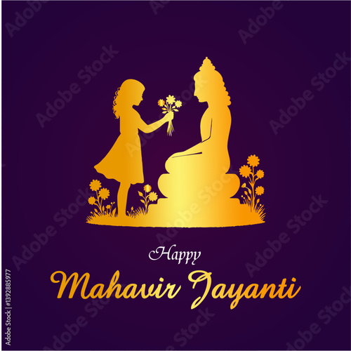 Happy Mahavir Jayanti Celebration with Child Offering Flowers to Lord Mahavir