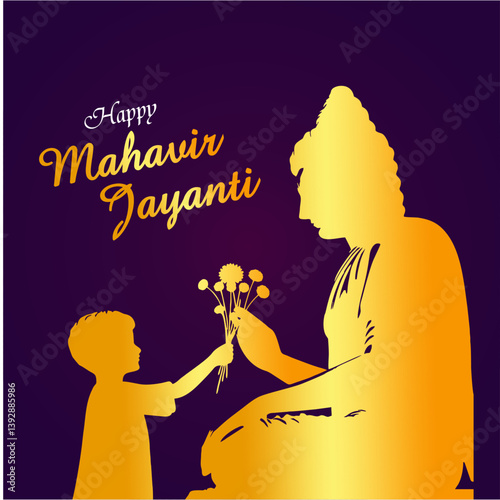 Happy Mahavir Jayanti Celebration with Child Offering Flowers to Lord Mahavir