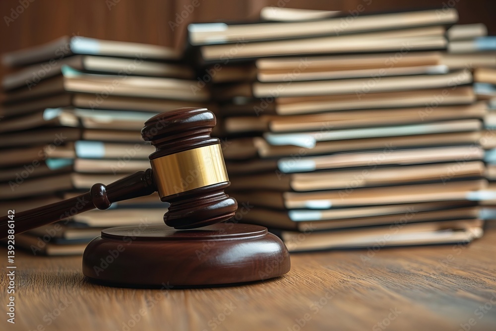 Capturing the Essence of a Courtroom: A refined and sophisticated photo shoot showcasing a judge's gavel and legal files on a wooden table