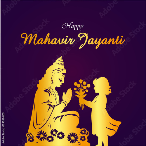 Happy Mahavir Jayanti Celebration with Child Offering Flowers to Lord Mahavir