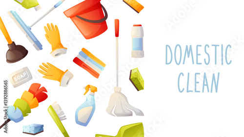 Rectangular banner, design element on the topic of home cleaning. Cleaning set, cleaning tools, cleaning agent, vector illustration. Spring cleaning, cleaning, cleanliness in the house.