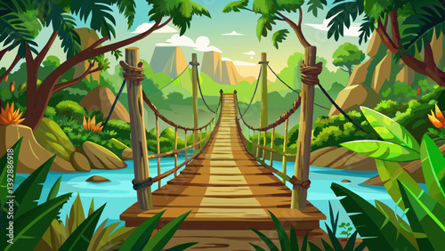 Wooden rope hung bridge in the middle of the jungle
