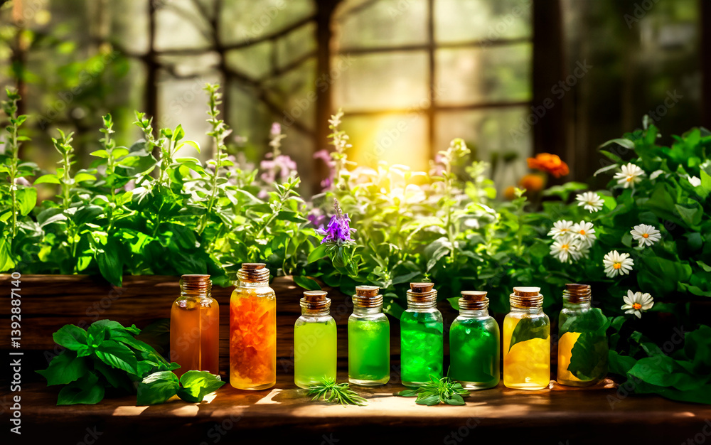 Flowers and bottles in the window