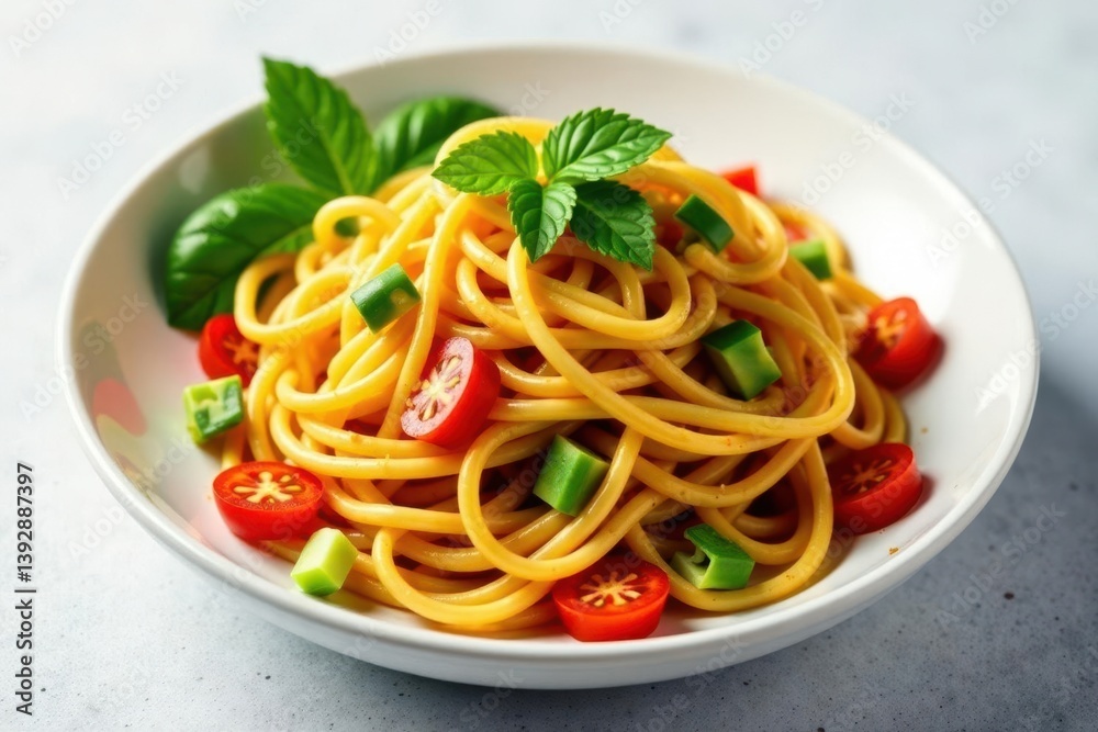 Stir-fried noodles with vegetables on white, vibrant colors , garlic, minimal, delicious Stir-fried noodles with vegetables on white, vibrant colors , garlic, minimal, delicious