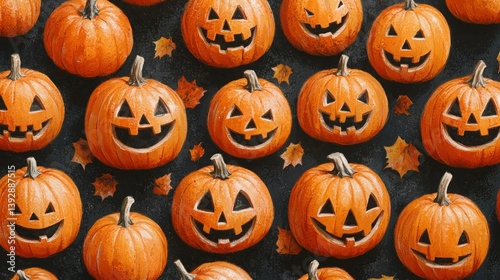 Jack-o'-lantern pumpkins on dark background with autumn leaves