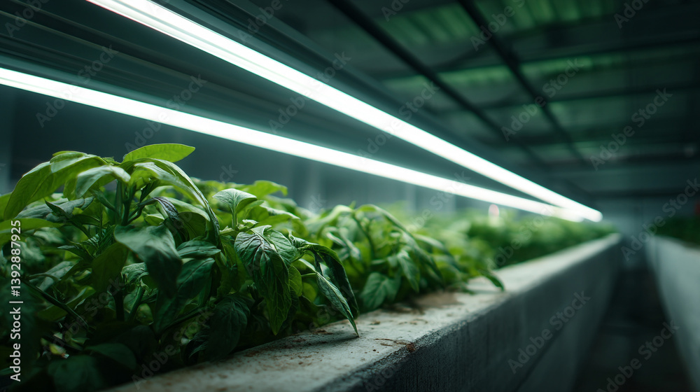 Obraz premium Indoor farming with rows of plants under artificial lighting in a controlled environment space