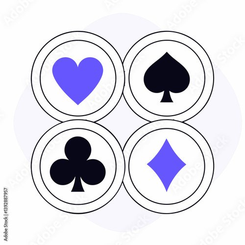 A playful arrangement of classic card suits in a vibrant, minimalist style featuring bold purple and black on a soft white background.