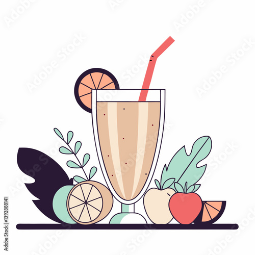 A refreshing fruit smoothie in a tall glass, perfect for a hot summer day, surrounded by vibrant fruits and leaves, with a simple line art style.