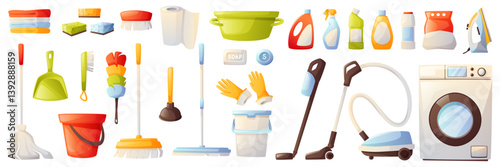 Cleaning tools, equipment for housework, cleaning set, cleaning agent, washing machine, vacuum cleaner, mop, bucket, vector illustration. Spring cleaning, cleaning, cleanliness in the house.