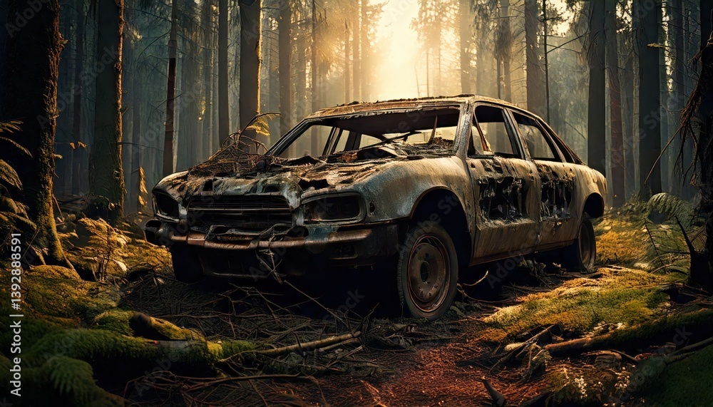 Fototapeta premium A rusted and charred car shell sits forgotten in a dense forest, surrounded by moss and trees under soft morning light.