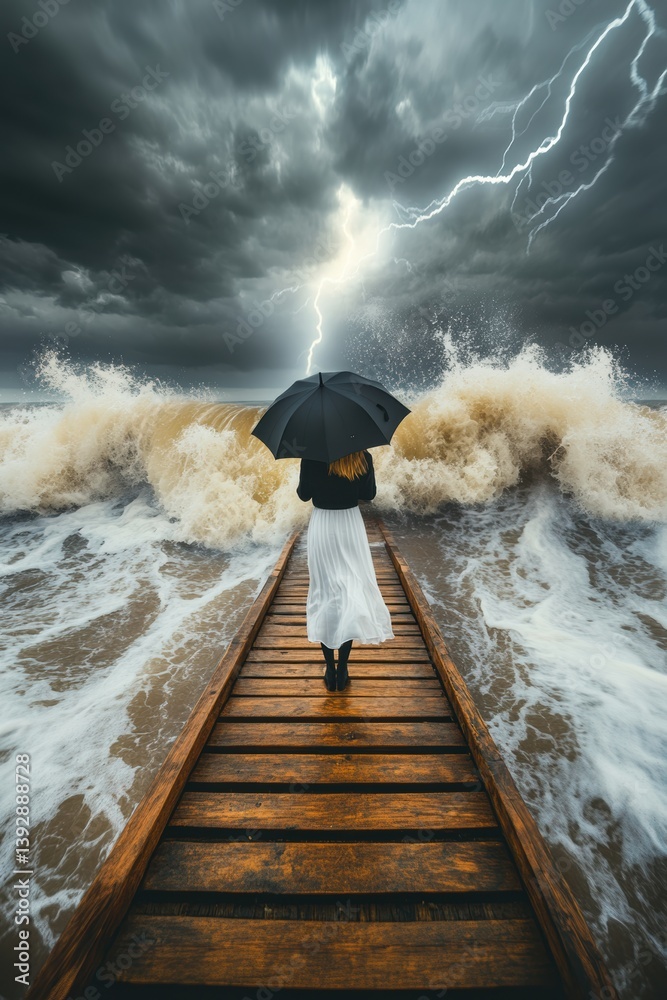 A person standing in front of giant sea tide wave. Water splashes. Dangerous. In a hurricane storm.