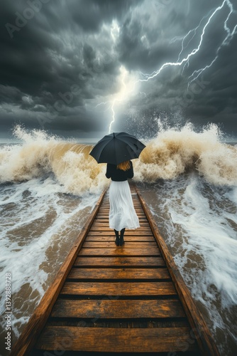 Obraz na płótnie A person standing in front of giant sea tide wave. Water splashes. Dangerous. In a hurricane storm. w salonie