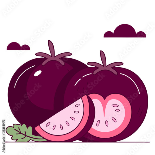 Luscious dark purple tomatoes, plump and juicy, glistening under a playful sky, sliced open to reveal a vibrant pink interior with simple line art and bold colors.