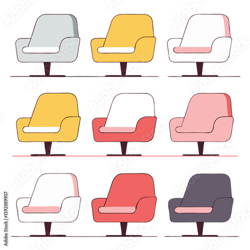 A collection of stylish modern armchairs in various pastel colors, showcasing minimalist design with clean lines and a simple swivel base.