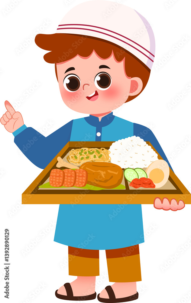 Smiling Boy in Traditional Clothing Presenting a Delicious Bento Box Meal Smiling Boy in Traditional Clothing Presenting a Delicious Bento Box Meal