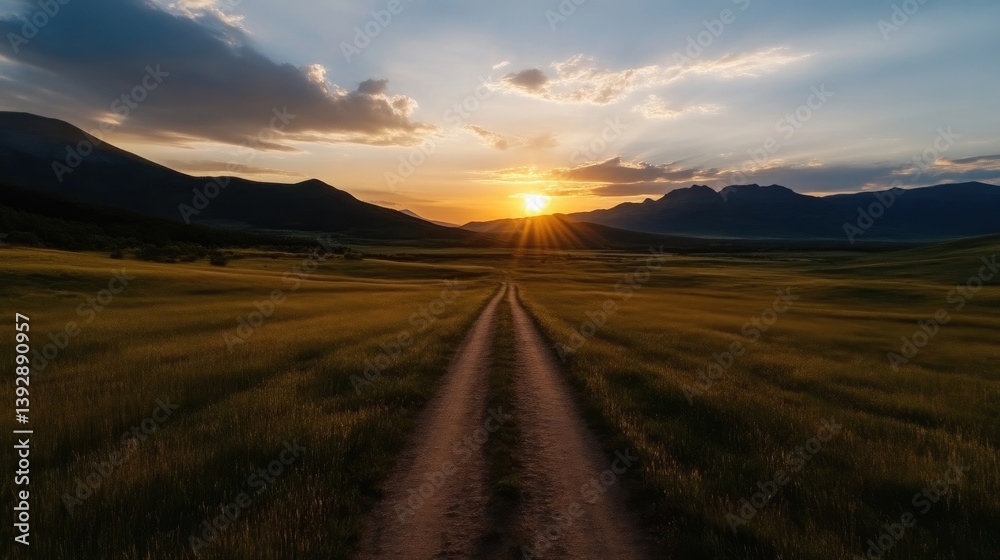 Naklejka premium Scenic dirt road at sunset, leading through a golden field towards a mountain range. Vast, serene landscape bathed in warm light