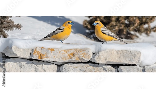 Winter Birds on Snowy Stone Wall. photo