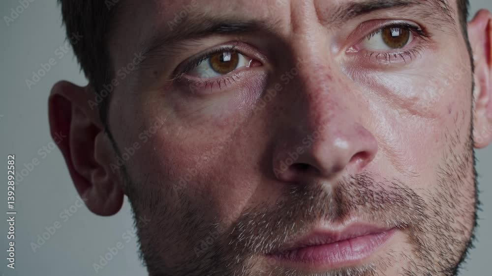 Close-up video shot of a man's face, capturing intense expression and detail. The angle focuses on eyes, emphasizing emotion and texture. Close-up video shot of a man's face, capturing intense expression and detail. The angle focuses on eyes, emphasizing emotion and texture.
