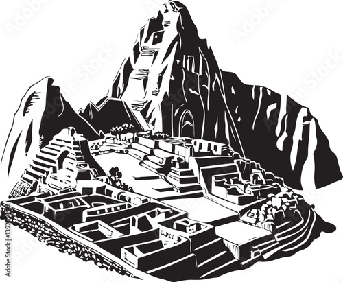 Machu Picchu, Black and White Vector Illustration, Sketch Drawing Line Linear Symbol Icon Engraving, Hand-drawn Isolated