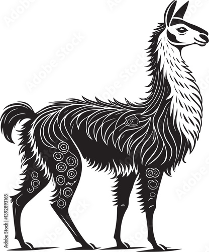 Llama Black and White Vector Illustration, Sketch Drawing Line Linear Symbol Icon Engraving, Hand-drawn Isolated