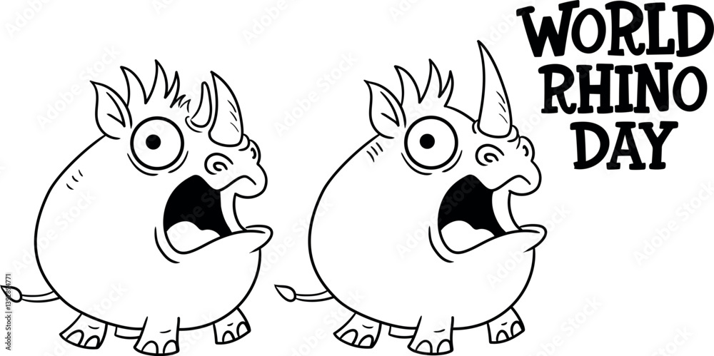 Fototapeta premium Vector rhinoceros rhinos for World Rhino Day.Black and white drawing of two rhinos. One rhino with two horns, the other with one.Endangered species of rhinoceros.Sumatra-Nashorn.Animal conservation