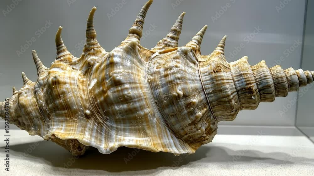 Large intricately detailed shell displayed in a museum exhibit about marine life from tropical oceans Large intricately detailed shell displayed in a museum exhibit about marine life from tropical oceans