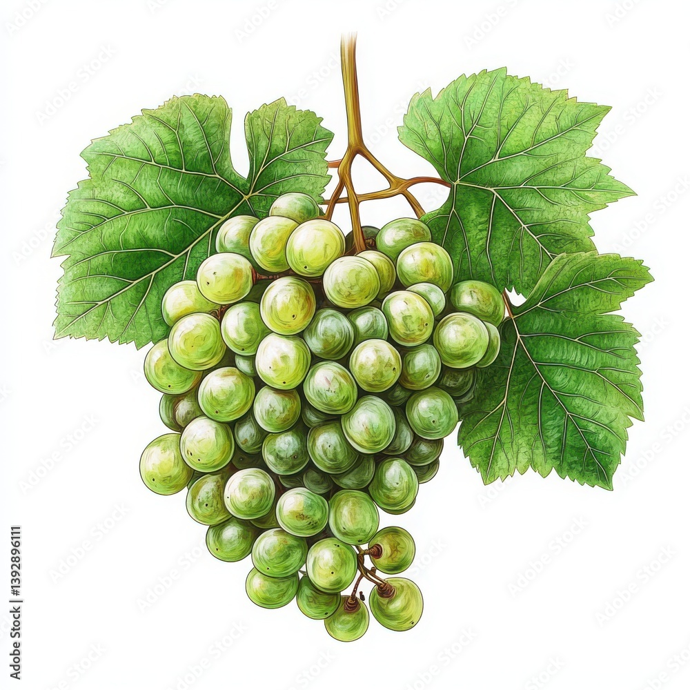 Obraz premium Fresh green grapes on the vine with lush grapevine leaves in high detail botanical style isolated on white background