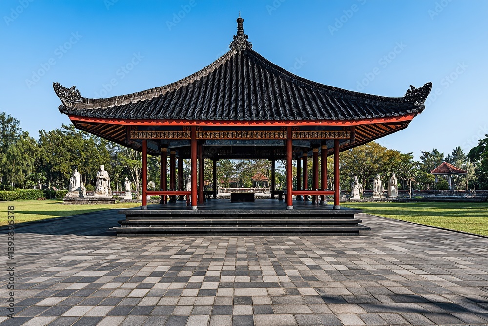 Photo of an elegant Javanese traditional pavilion with a black tile roof and red accents, Photo of an elegant Javanese traditional pavilion with a black tile roof and red accents,