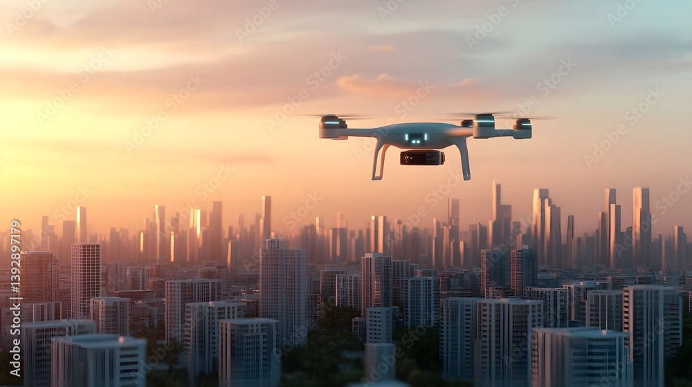Futuristic drone-powered cityscape with autonomous flying vehicles at sunset over a modern urban landscape Futuristic drone-powered cityscape with autonomous flying vehicles at sunset over a modern urban landscape