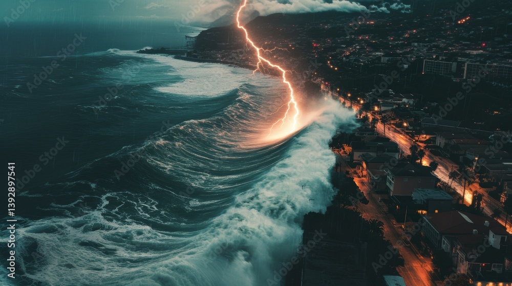 City buldings and giant tide wave ravaging coast town in a hurricane storm.