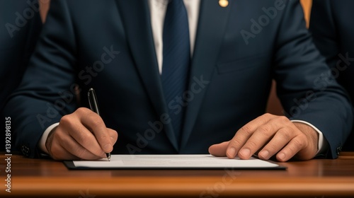Parliament Law Legislation Concept, Politician Discussing Draft Bill with Colleagues During Formal Meeting in Office Setting photo