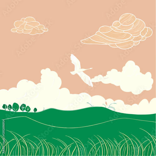 White and transparent clouds float across a clear blue sky as a bird soars gracefully, creating a serene and peaceful vector illustration.