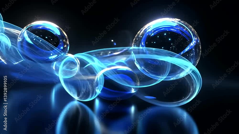 Abstract blue bubbles with glowing trails on a dark reflective surface, creating a dynamic atmosphere
