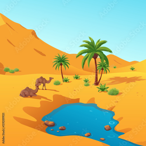 Camel Resting Near a Water Pool in the Desert