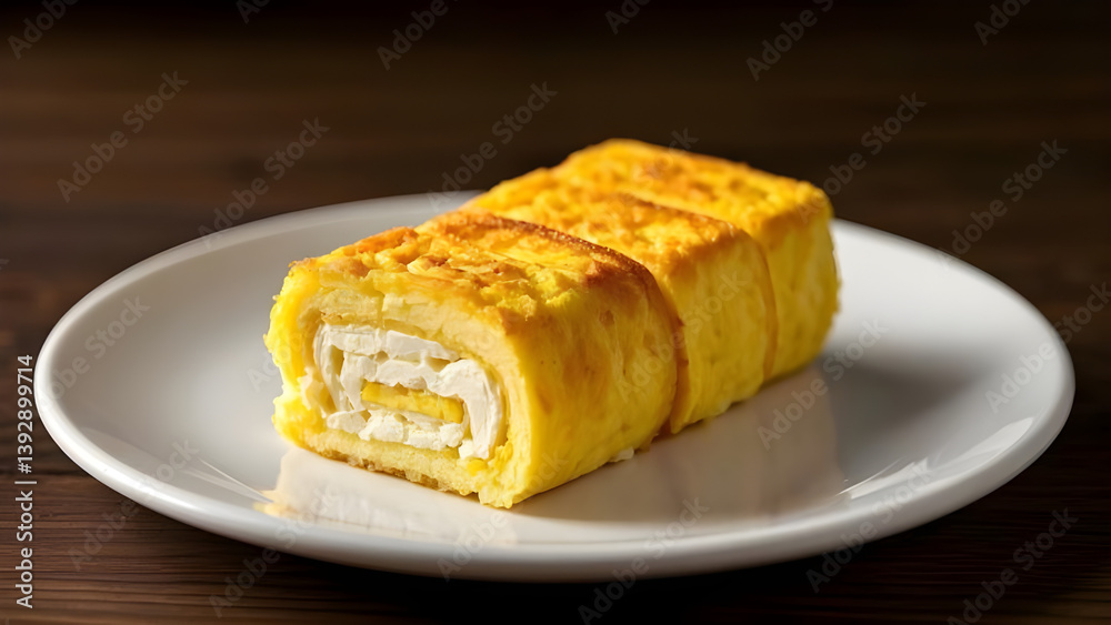 A slice of savory, golden egg roll, filled with a creamy cheese filling A slice of savory, golden egg roll, filled with a creamy cheese filling
