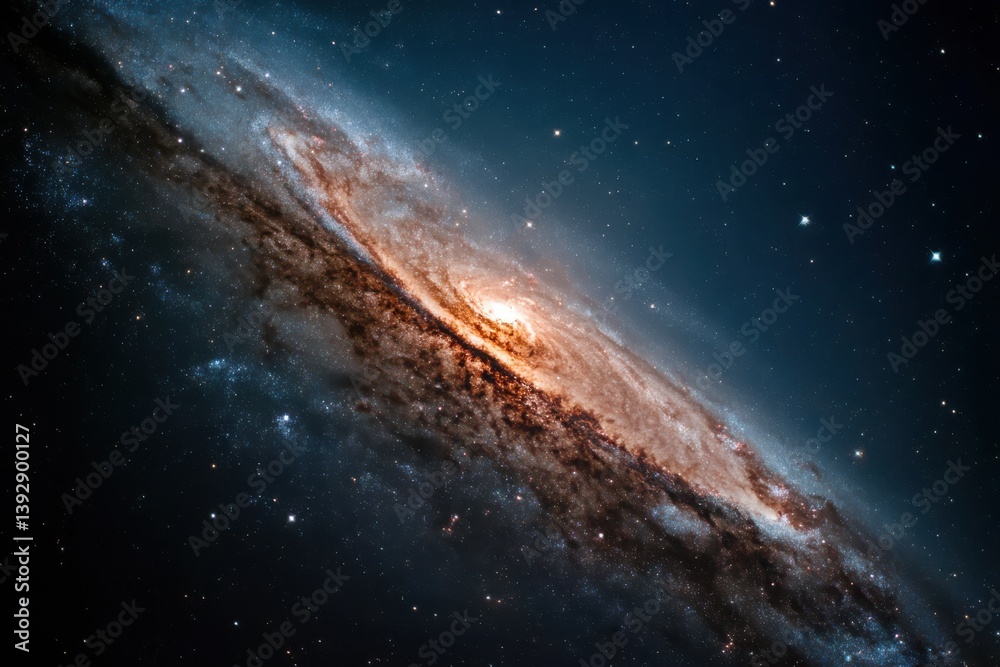 Fototapeta premium Detailed Andromeda Galaxy Photograph: Spiral Arms, Star Clusters, Dark Dust Lanes Against a Dark Starry Night Sky, Space Exploration