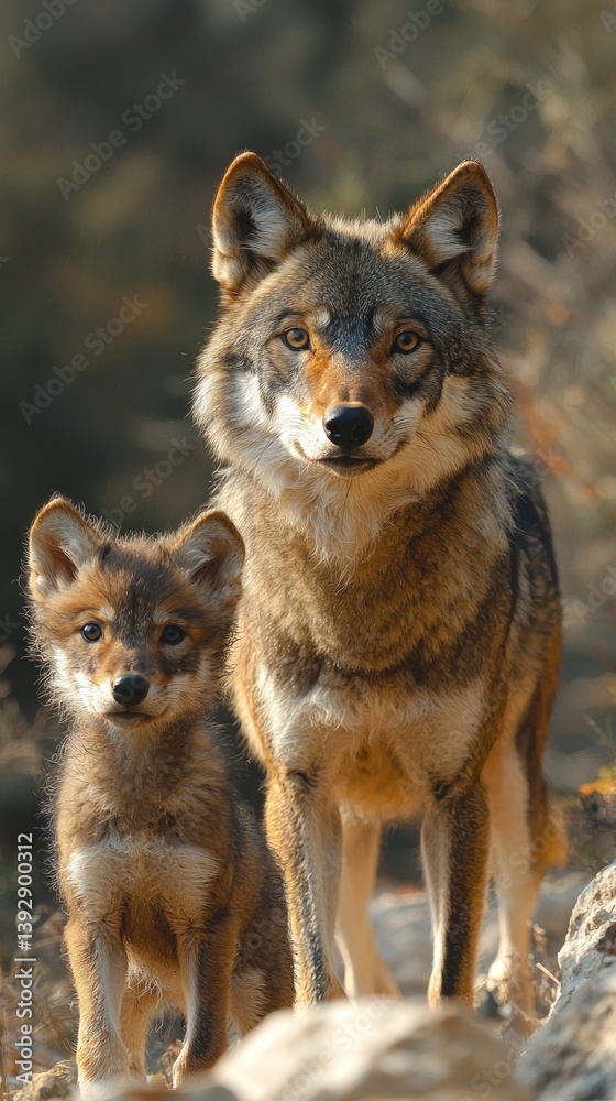 Captivating portrait of a wolf family with the cub looking at the camera Captivating portrait of a wolf family with the cub looking at the camera