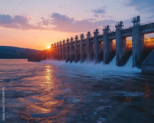 A majestic dam with flowing water at a stunning sunset