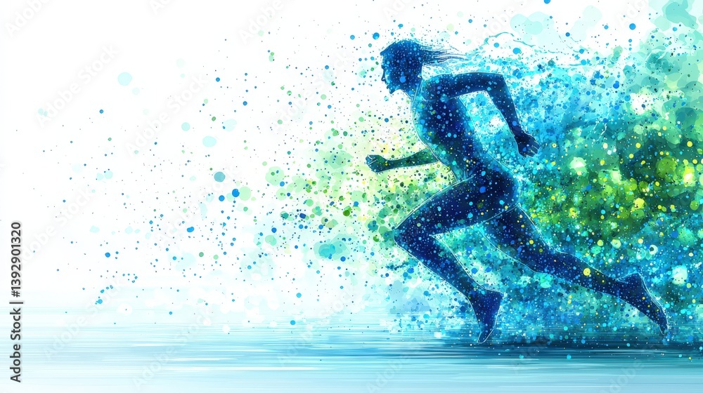 Naklejka premium A dynamic pointillism illustration of an athlete sprinting mid-stride with vibrant blue dots forming a human figure in motion against a clean white background. 