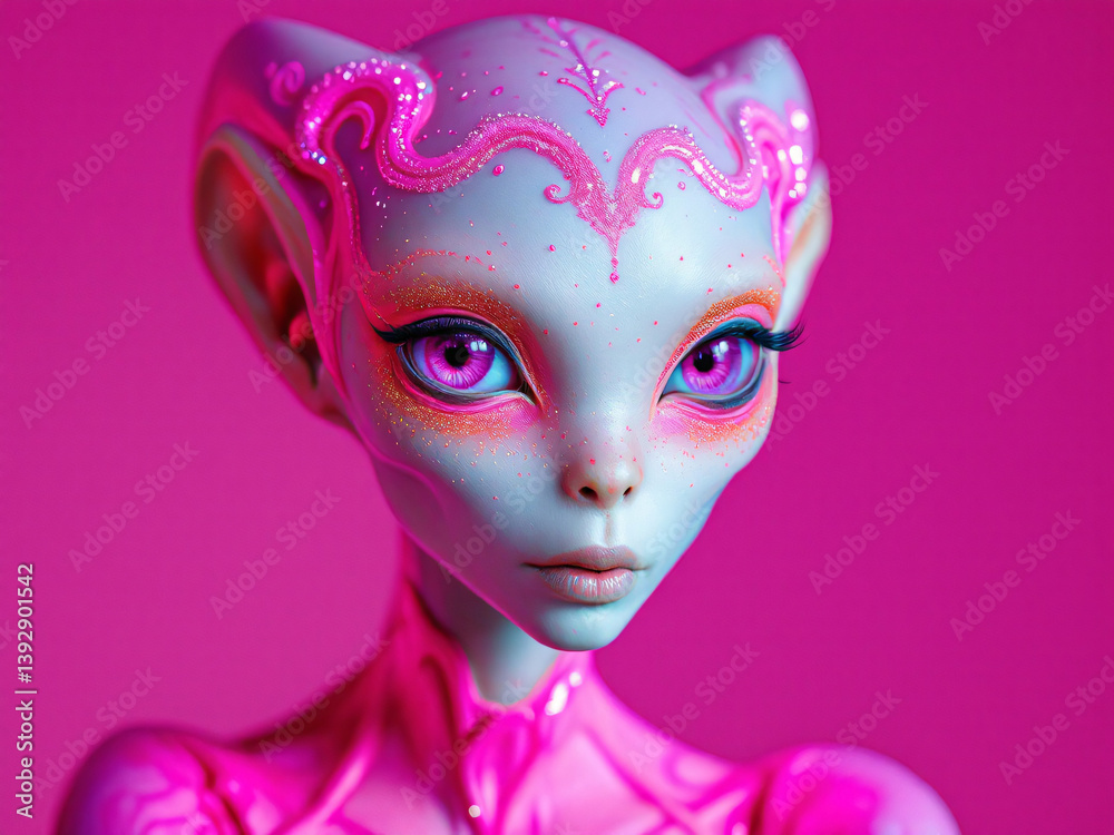 A close-up of an alien-like figure with pink glitter makeup, exuding a vibrant and ethereal fantasy look.