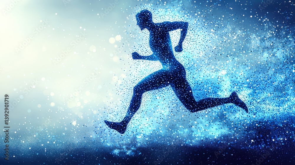 Naklejka premium A dynamic pointillism illustration of an athlete sprinting mid-stride with vibrant blue dots forming a human figure in motion against a clean white background. 