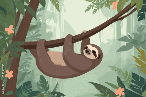 Sloth hanging lazily from tree branch in serene tropical rainforest setting