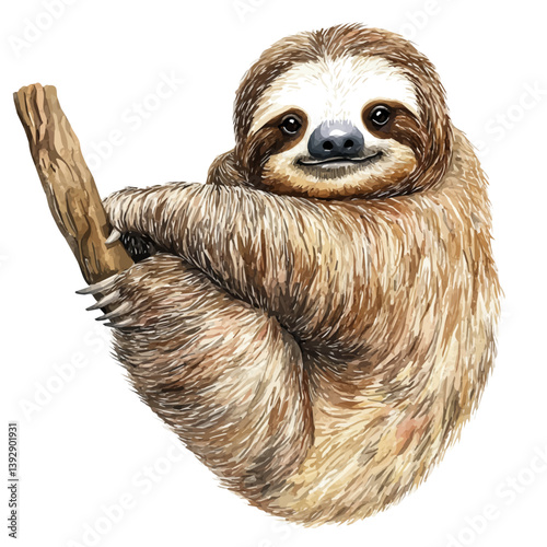 Sloth, watercolor illustration, isolated on a white background.

