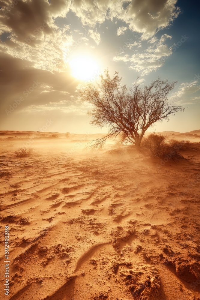 A dead dry tree in dry land. Drought. Desperate, sad. Concept.