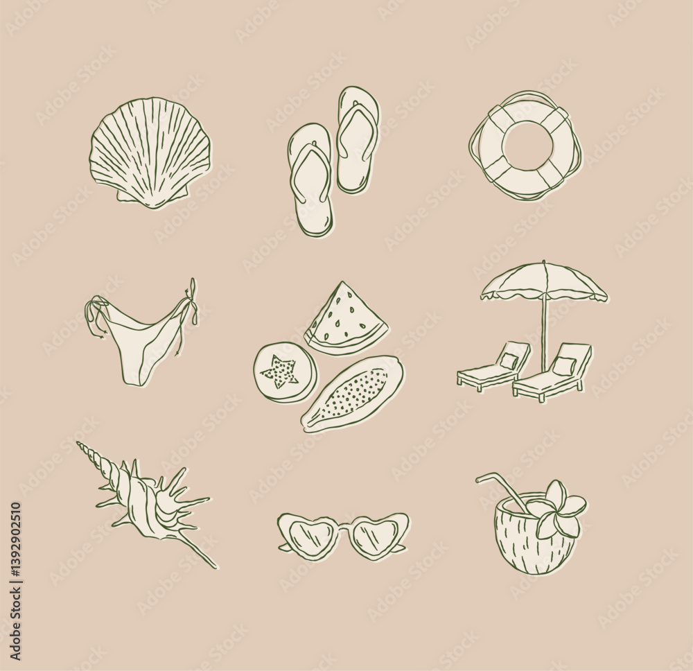 Summer beach icons collection shell flip flops bikini papaya watermelon melon beach lounger and umbrella sunglasses coconut drawing in graphic style on brown background